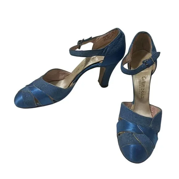 Vintage 1930s Cornelia Handmade Blue Silk Ankle Strap Pumps Rike-Kumler Dayton